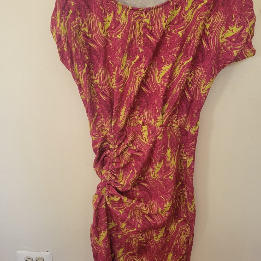 The Kit Ruched Swirl Print Sheath Dress Pink Orange Abstract Ruched Size Small - Picture 5 of 6